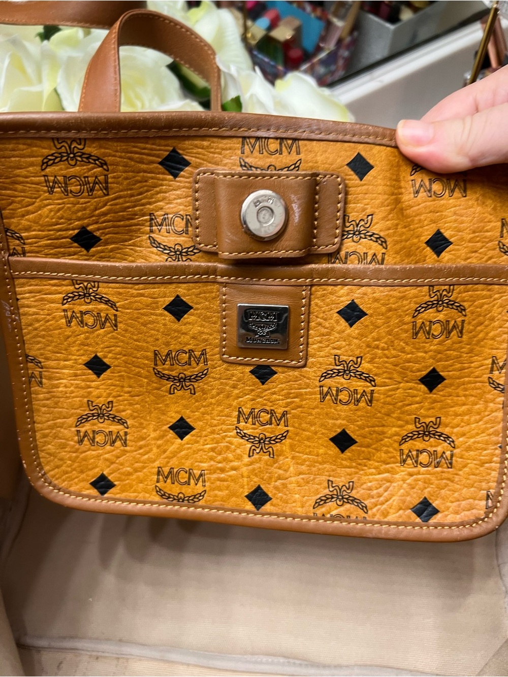 MCM Cognac Visetos Monogram Tote with Black Heart Charm - Picture 3 of 16